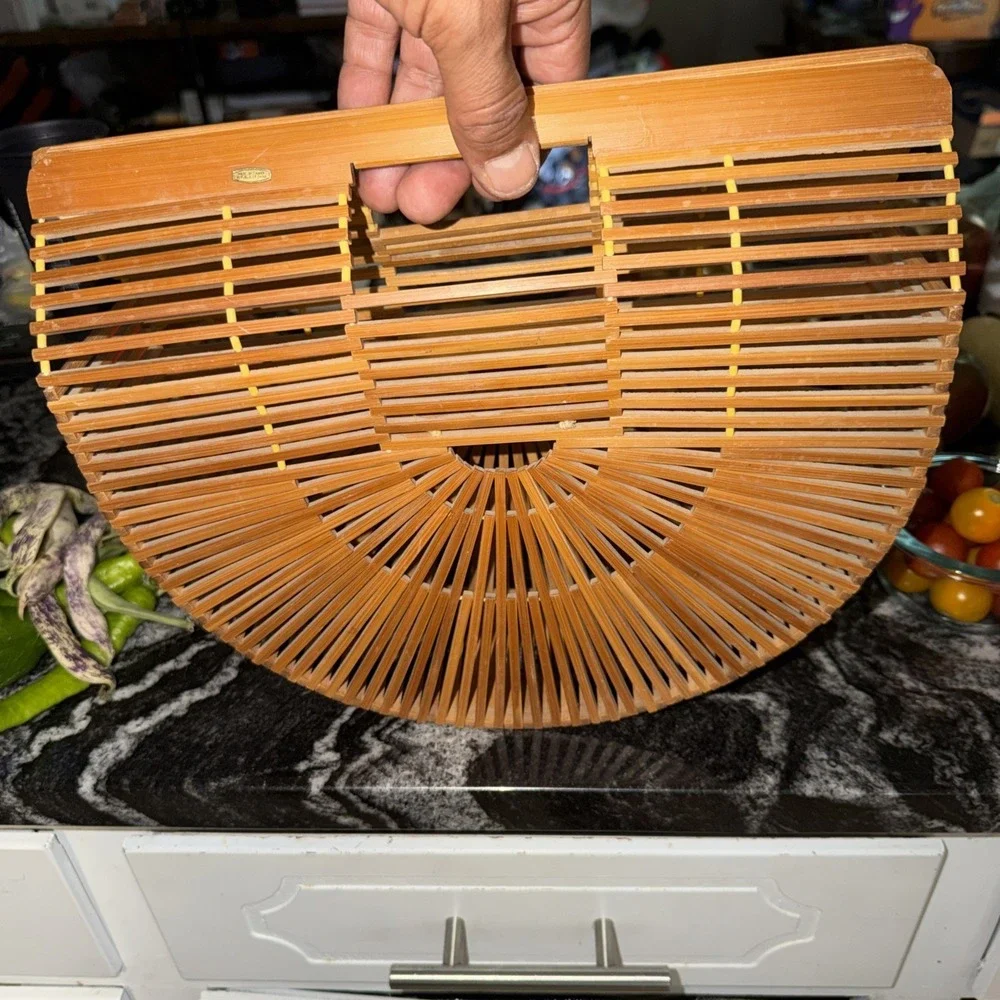 Vintage Boho 1960's 1970's Half Moon Wood Woven Hippie Core Clutch Handbag